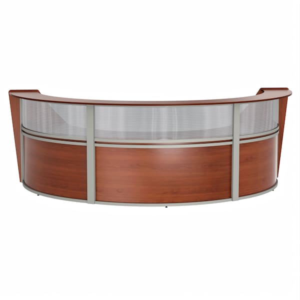 Curved Reception Desk 3 Units, Clear Panel, 143 inW x 71 inD, Cherry